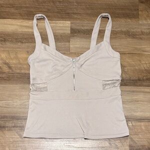 Armani Exchange Sleeveless Ribbed Bustier Top with Zipper and Mesh Cutout Detail